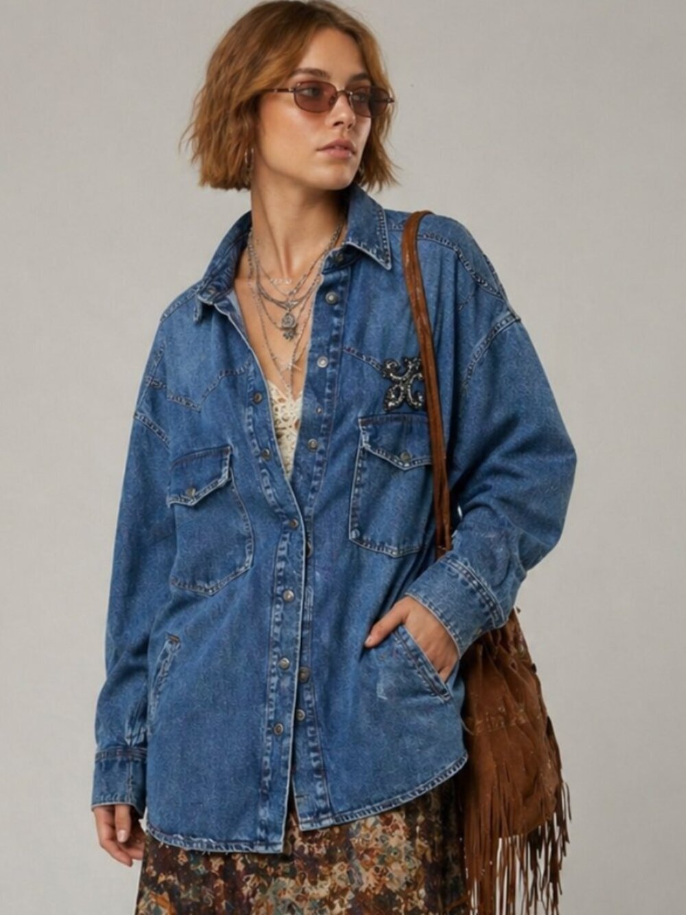 The Kooples Jeans Embellished Denim Button Up Boho Western Shirt Jacket Layer